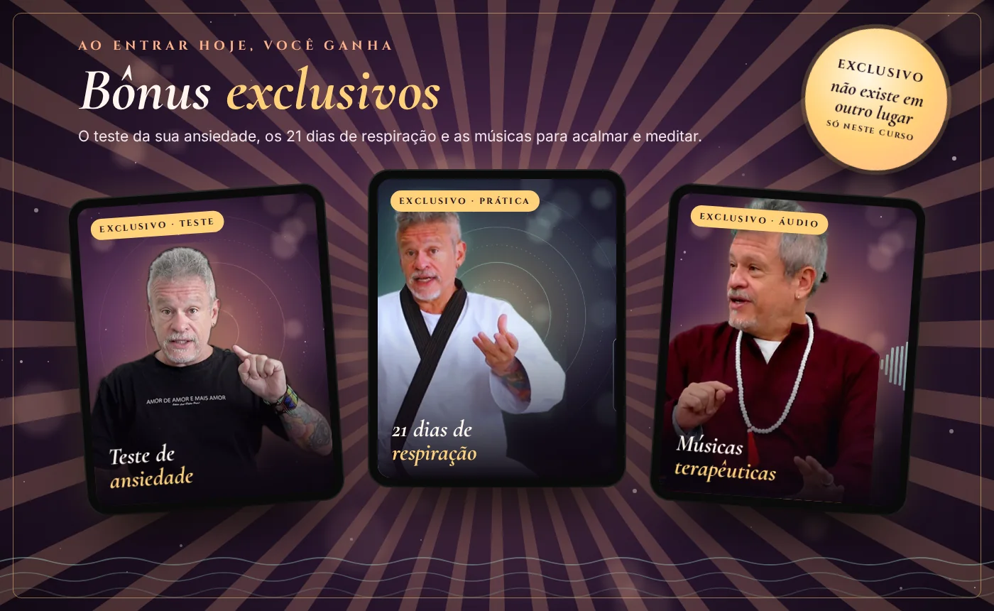 Bônus exclusivos do curso Ansiedade Nunca Mais: o teste de ansiedade, os 21 dias de respiração e as músicas terapêuticas, com Otávio Leal