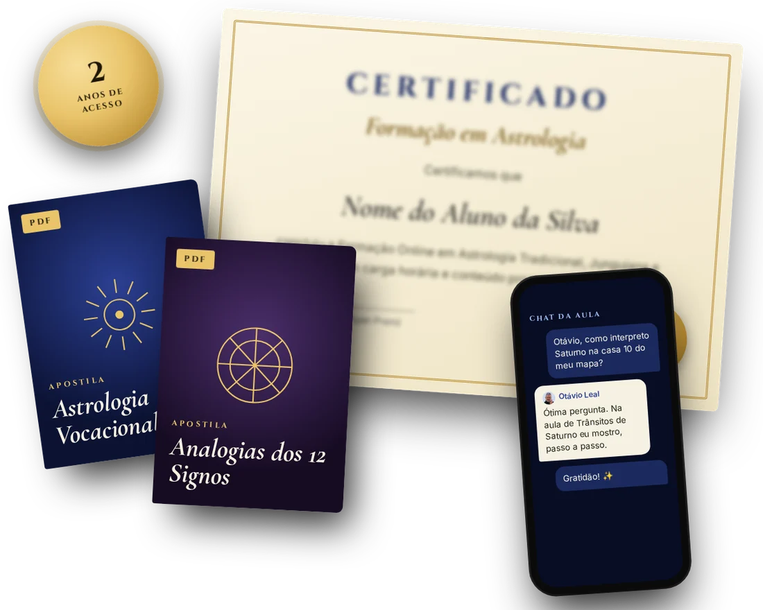 Entregas da Formação em Astrologia: certificado, apostilas em PDF, chat da aula e 2 anos de acesso
