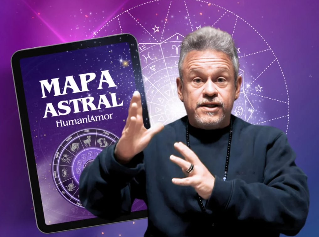 Otávio Leal (Dhyan Prem) explicando o Mapa Astral Humani Amor, exibido em um tablet diante de uma roda zodiacal