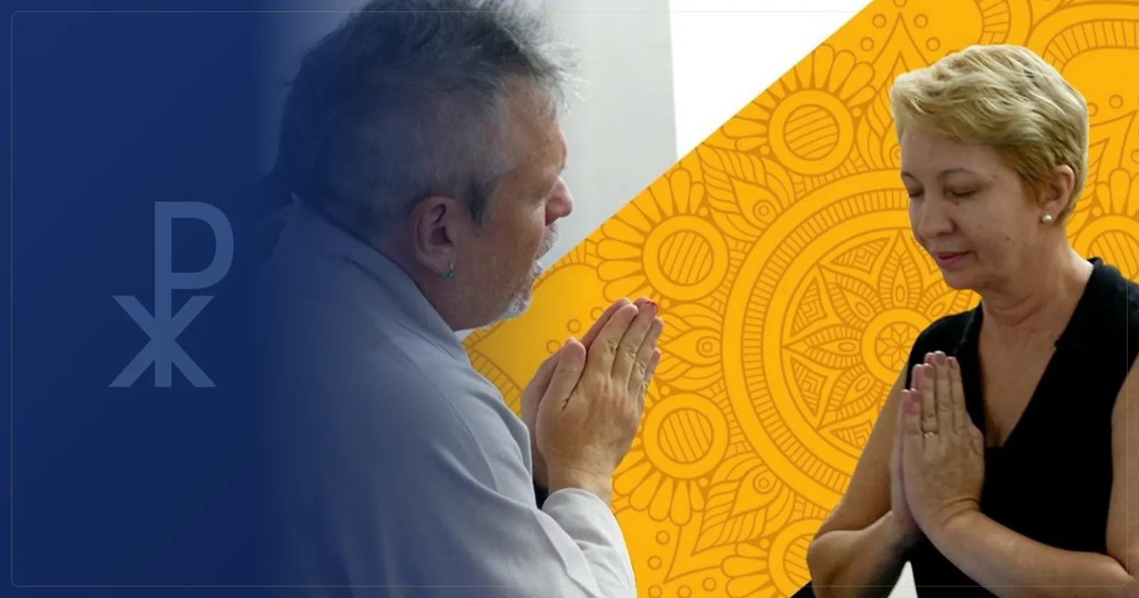 Otávio Leal (Dhyan Prem) de mãos postas em prece diante de uma aluna, também em prece, durante uma iniciação de Reiki tradicional