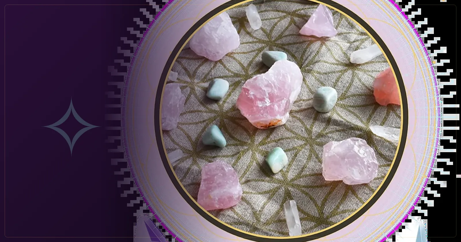 Mandala de cristais com quartzo rosa, amazonita e pontas de quartzo dispostos sobre a Flor da Vida