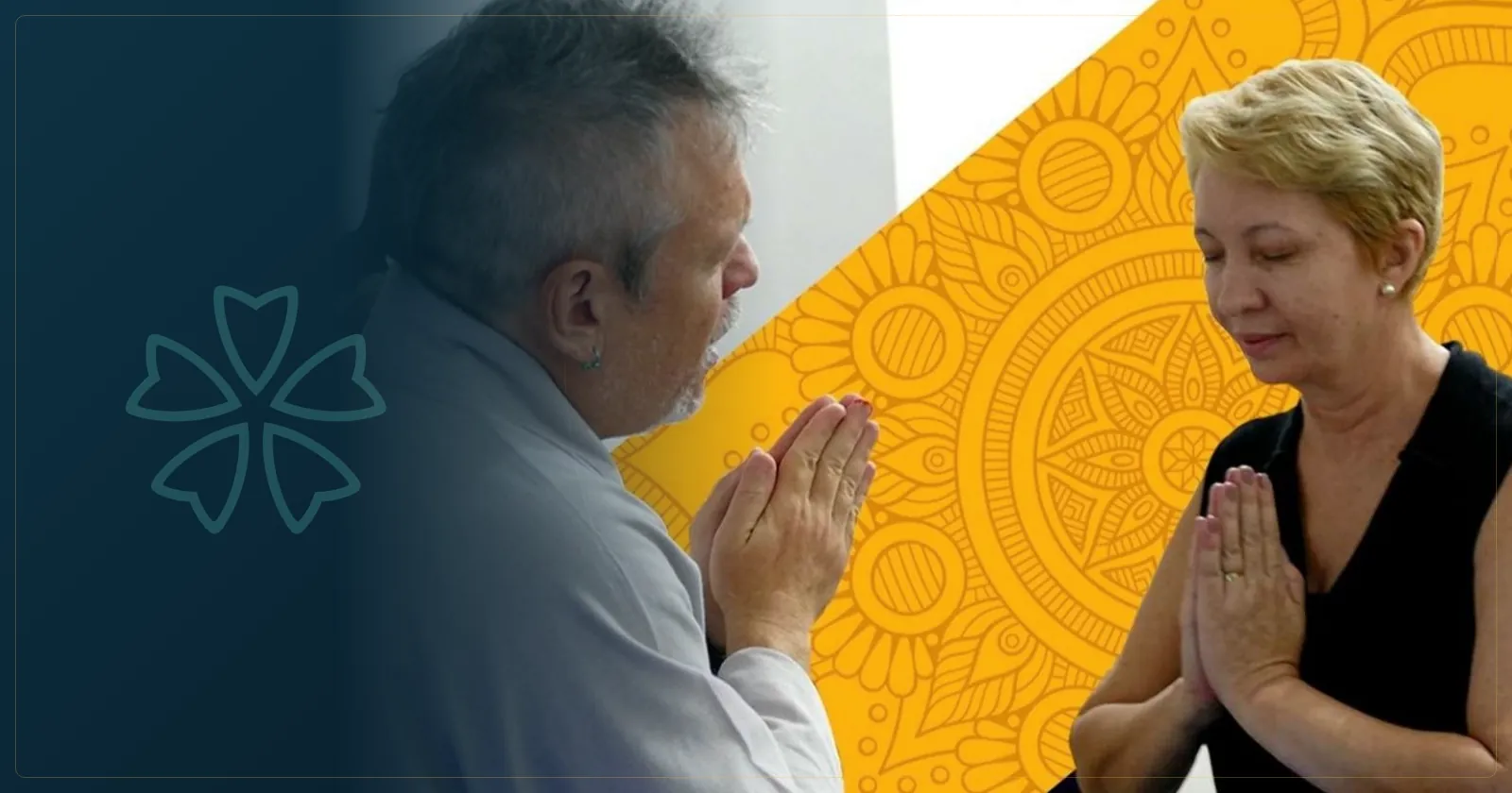 Otávio Leal (Dhyan Prem) e uma aluna com as mãos em prece, de olhos fechados, durante uma prática de Reiki
