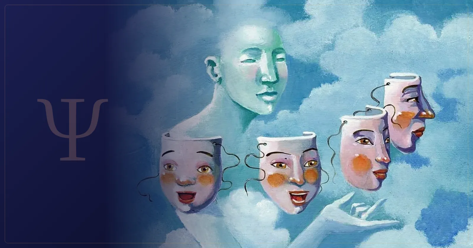 Ilustração de uma figura serena entre nuvens segurando várias máscaras sorridentes, símbolo da persona e do mito pessoal
