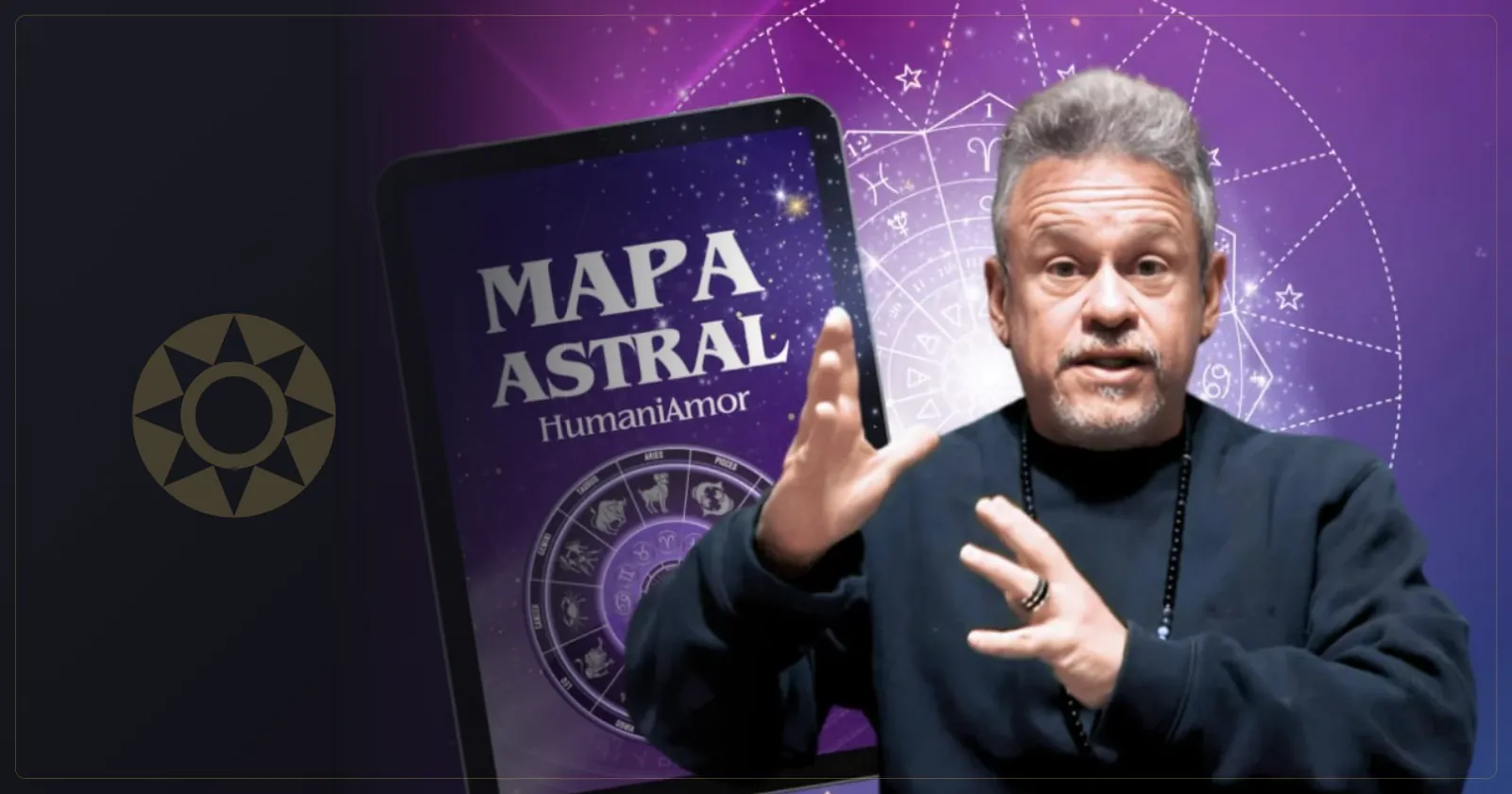 Otávio Leal (Dhyan Prem) gesticulando ao lado de um tablet com a imagem de um Mapa Astral e a roda do zodíaco