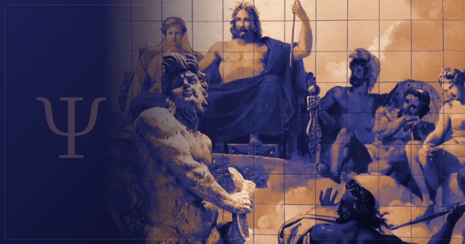 Mural com deuses e heróis da mitologia grega em tons de azul e dourado, representando os arquétipos universais