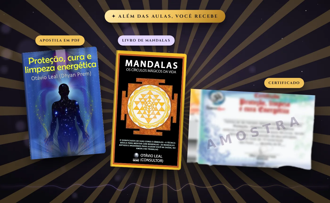 Incluso na formação: a apostila Proteção, cura e limpeza energética, o livro Mandalas, os círculos mágicos da vida, e o certificado