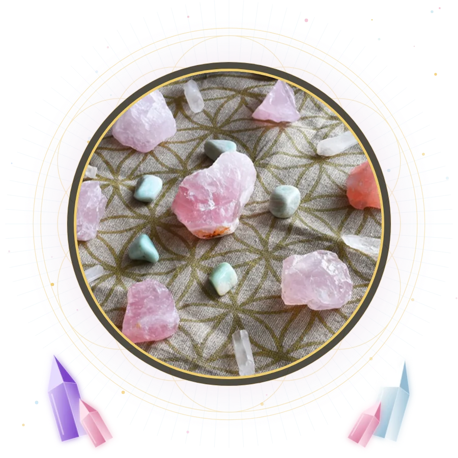 Mandala de pedras sagradas com quartzo rosa, quartzo branco, amazonita e obsidiana sobre a Flor da Vida