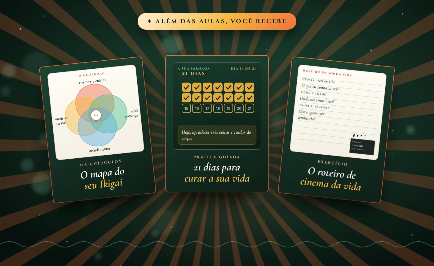 Incluso no curso: o mapa do seu Ikigai, os 21 dias para curar a sua vida e o roteiro de cinema da sua vida