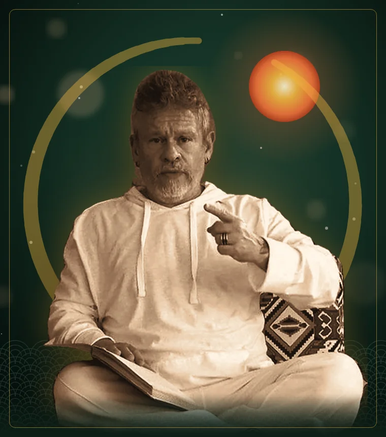 Otávio Leal (Dhyan Prem) sentado com um livro, diante de um ensō e do sol nascente