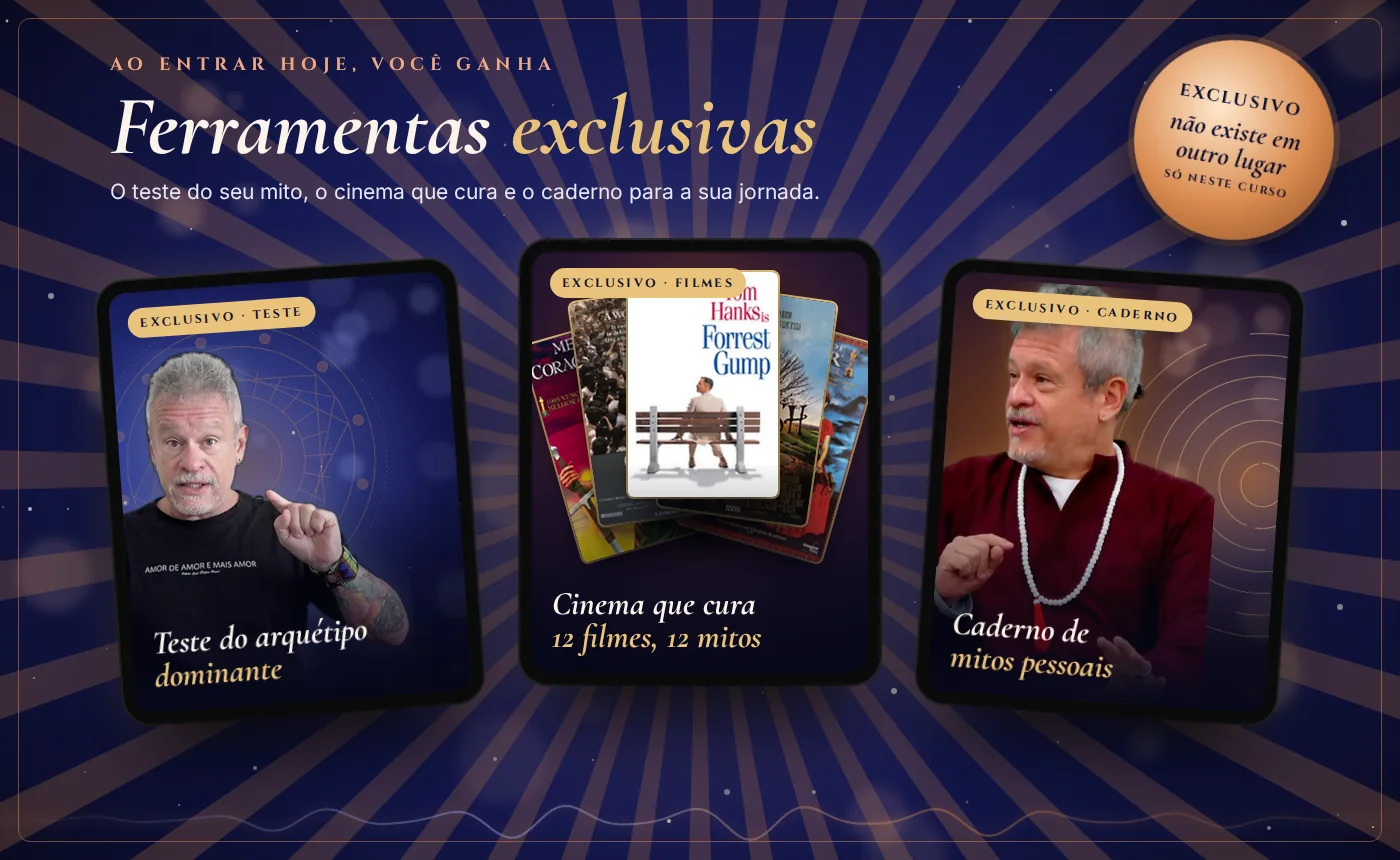 Ferramentas exclusivas do curso: o teste do arquétipo dominante, o cinema que cura e o caderno de mitos pessoais, com Otávio Leal