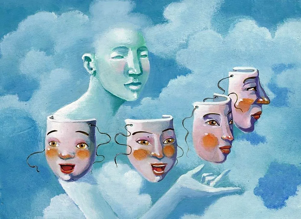 Ilustração de um rosto sereno entre nuvens, segurando quatro máscaras: a persona e o mito por trás dela