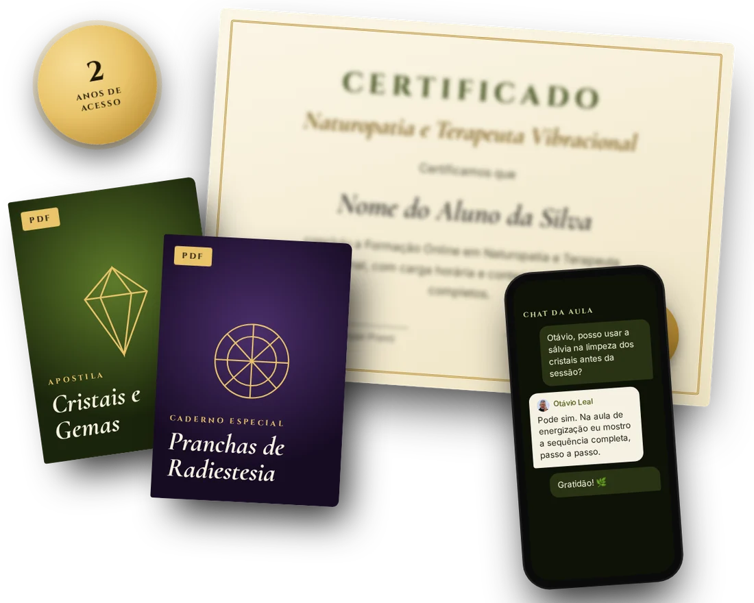 Entregas da Formação de Naturopatia: certificado, apostila de cristais em PDF, caderno de pranchas de radiestesia, chat da aula e 2 anos de acesso