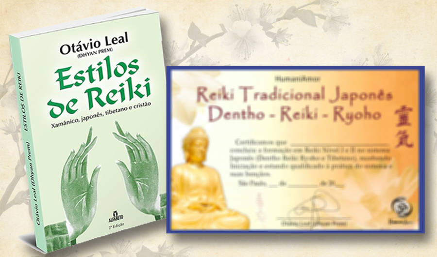 Certificado de Reiki emitido pela Escola Humani Amor ao lado do livro Estilos de Reiki