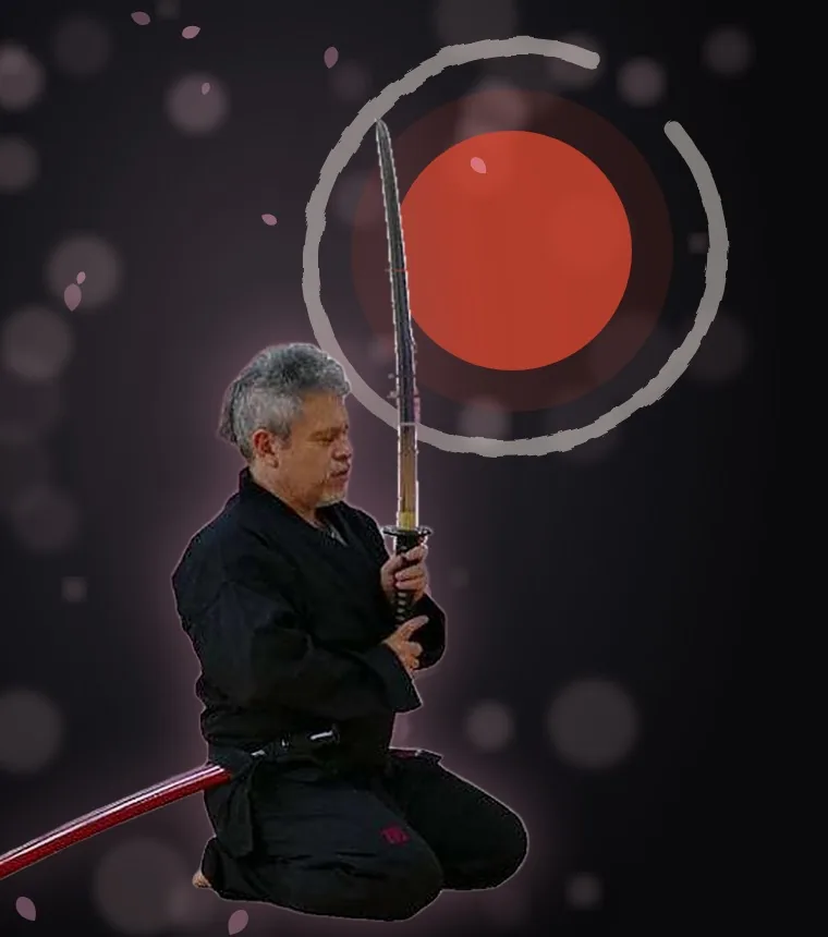 Otávio Leal (Dhyan Prem) com a kataná diante do sol vermelho