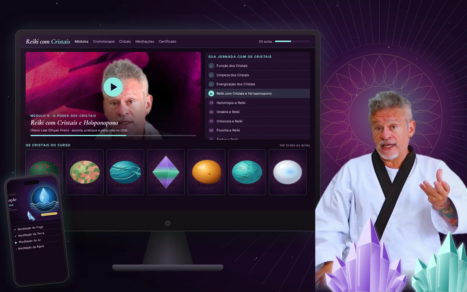 Área de membros do curso Reiki com Cristais de Otávio Leal no computador e no celular