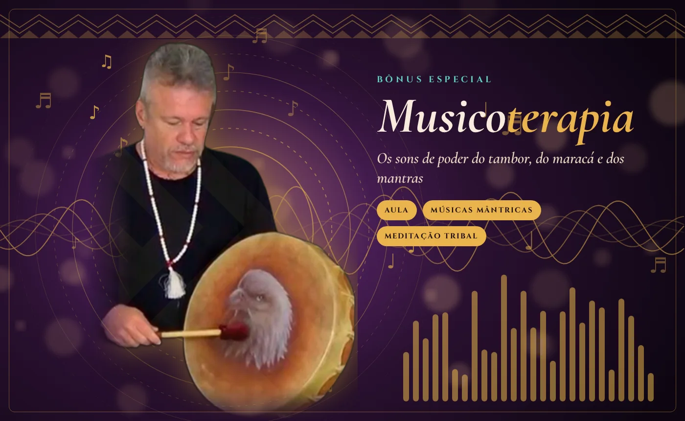 Bônus Musicoterapia do curso Reiki Xamânico: Otávio Leal tocando o tambor entre ondas sonoras