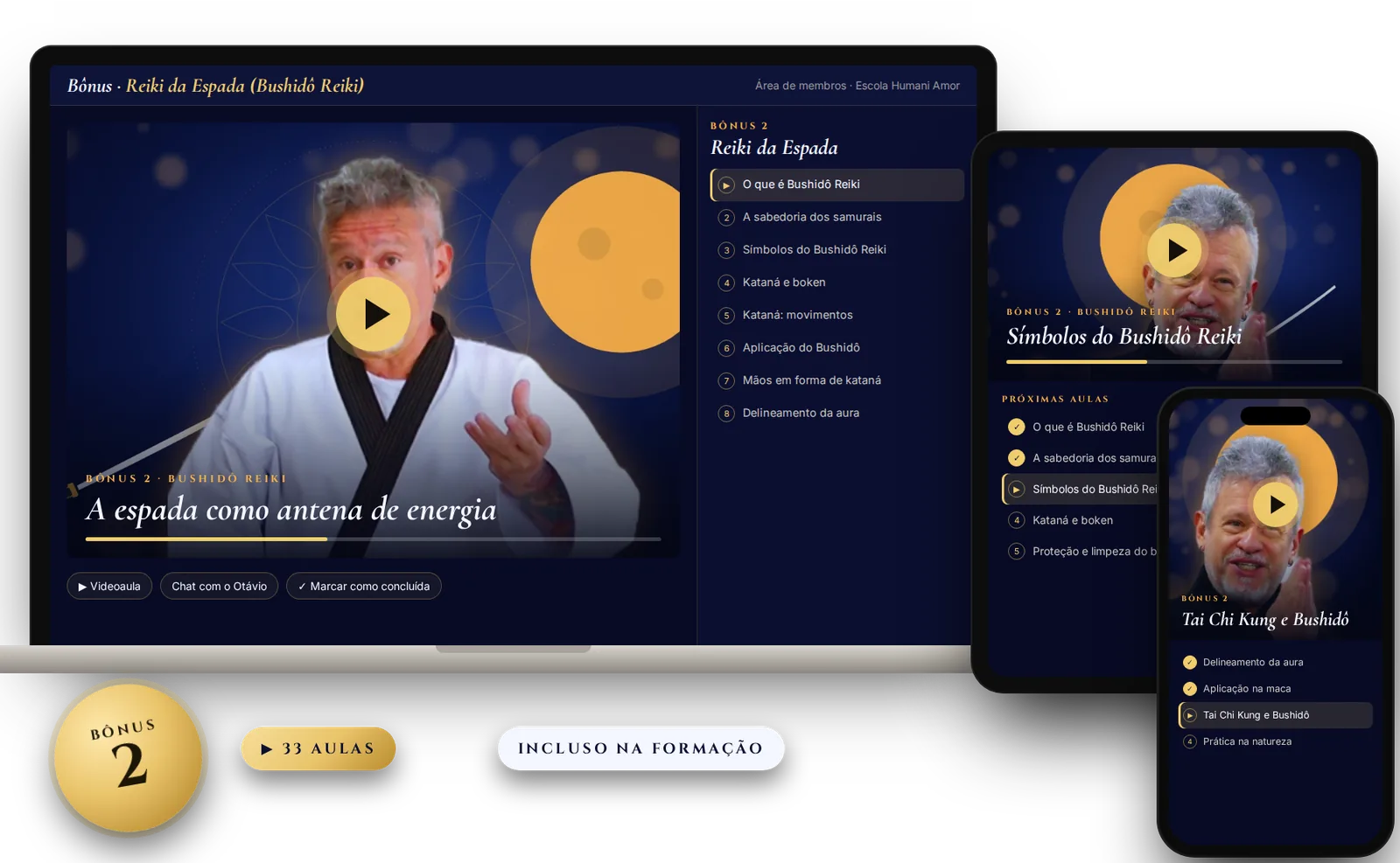 Bônus 2 · 33 aulas da Formação Terapeuta Quântico: Reiki da Espada (Bushidô Reiki) em computador, tablet e celular