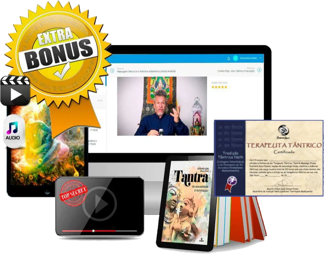 Tudo o que você recebe na Formação Terapeuta Tântrico: videoaulas, áudios, livro em PDF, aulas secretas e certificado